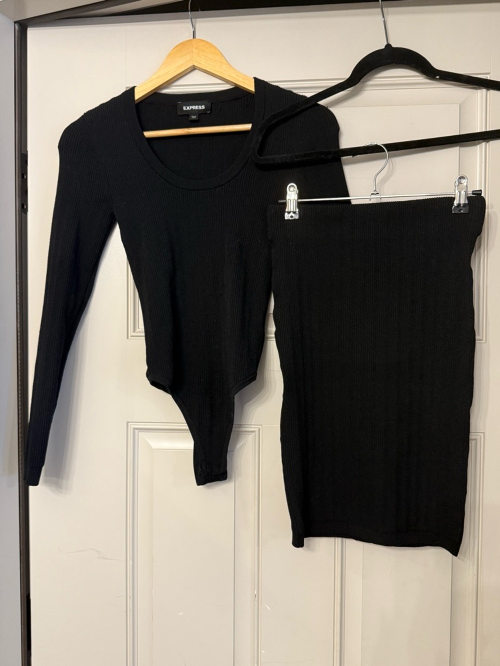 Express Black Ribbed Long-Sleeve Bodysuit and Pencil Skirt Set